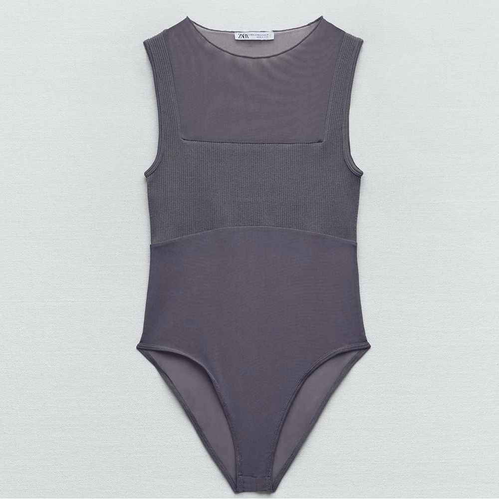 Zara Gray Sleeveless Mesh Bodysuit